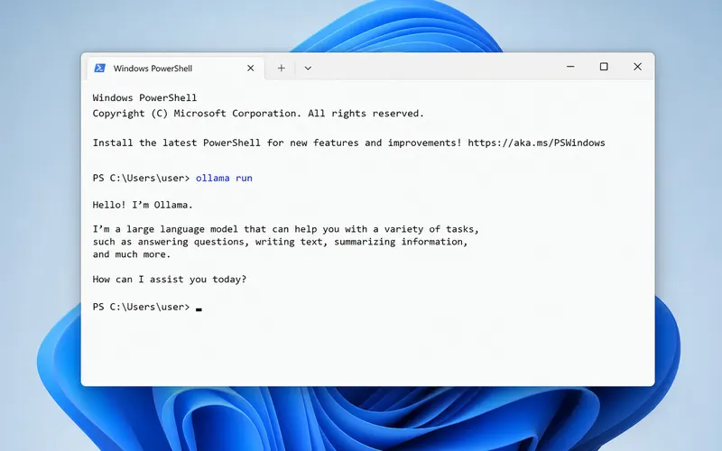 PowerShell on Windows 11 running a model with ollama run, the reply on screen